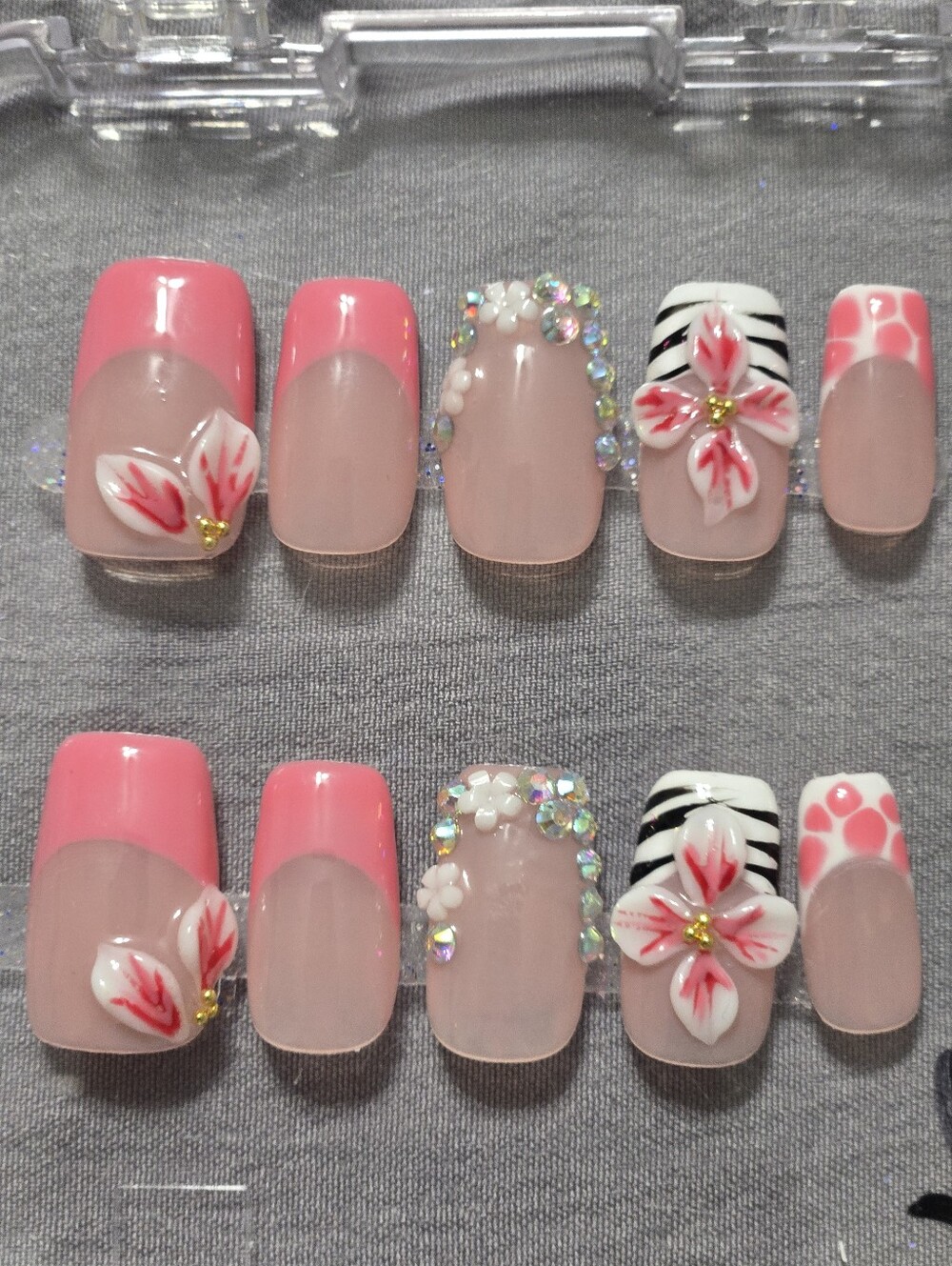 Handcrafted Pink Floral Press-On Nail Set w/ Rhinestones, Short Length Square